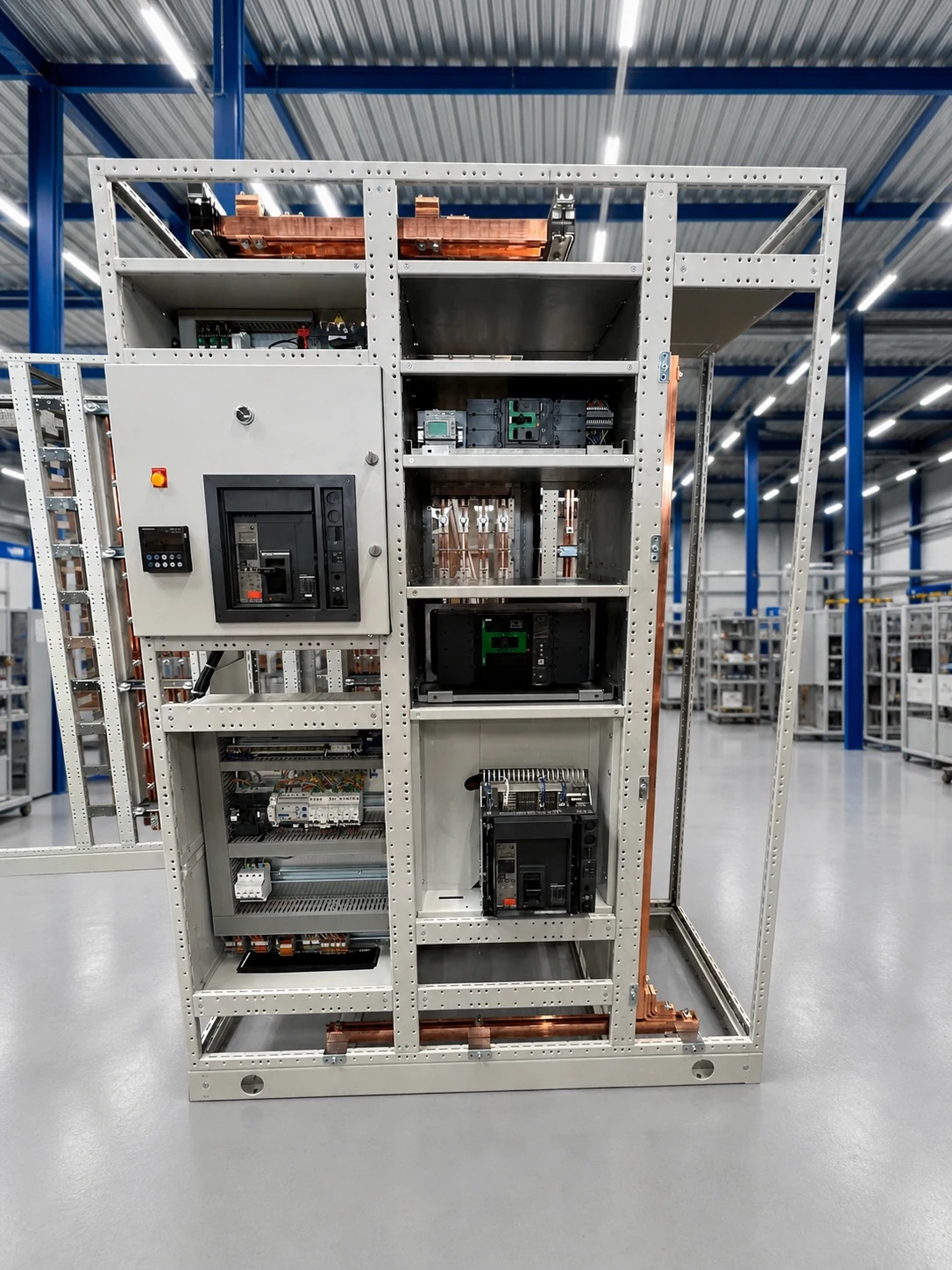 Armoire de puissance ouverte en cours de fabrication chez ICC